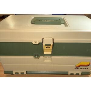 Vintage Plano 707 Tackle Box Tan/Green Handle , 2 Drawer USA Rare